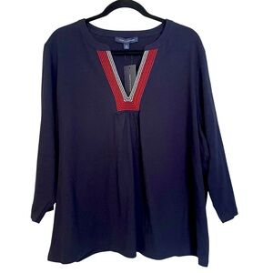 Tommy Hilfiger Navy Split‎ Neck 3/4 Sleeve Top Plus Size 1X